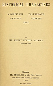 Cover of Historical Characters: Mackintosh, Talleyrand, Canning, Cobbett, Peel