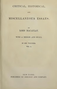 Cover of Critical, Historical, and Miscellaneous Essays; Vol. 1