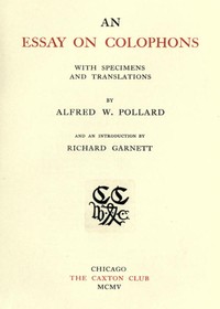 Cover of An Essay on Colophons, with Specimens and Translations