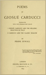 Cover of Poems of Giosuè Carducci, Translated with two introductory essays