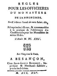 Cover of Regles pour les officieres du monastere de l'Annonciade, fondé à Genes l'année de notre Salut 1604