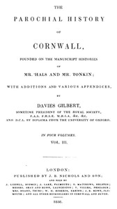 Cover of The Parochial History of Cornwall, Volume 3 (of 4)