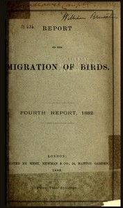 Cover of Report on the Migration of Birds in the Spring and Autumn of 1882. Fourth Report