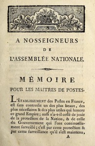 Cover of A Nosseigneurs de l'Assemblée nationale: Mémoire pour les maîtres de postes