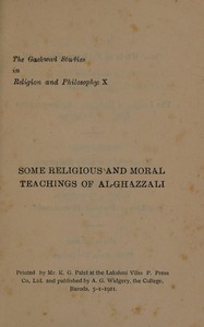 Cover of Some religious and moral teachings of Al-Ghazzali
